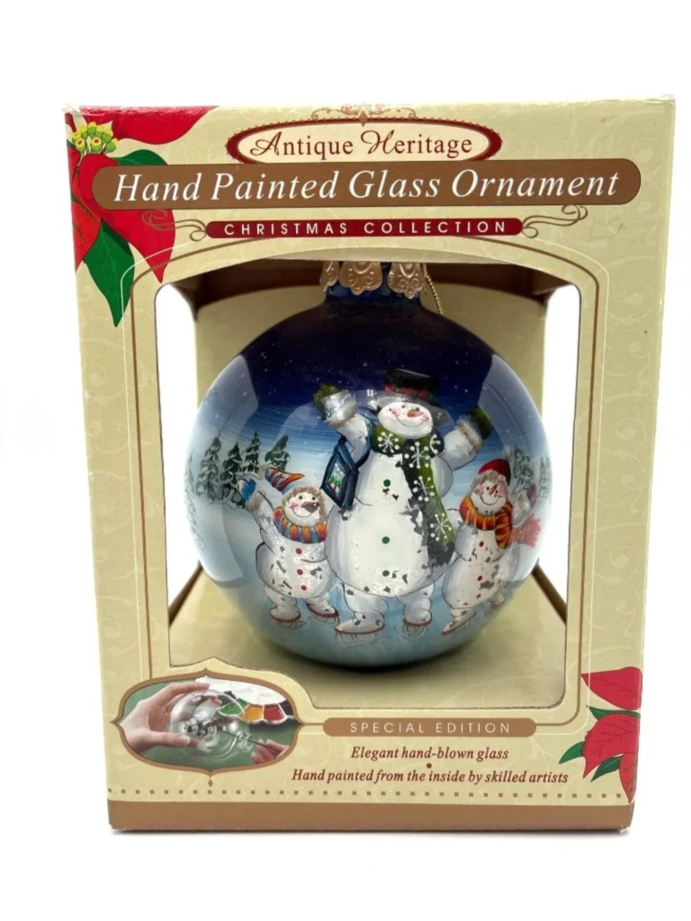 NIB Antique Heritage Hand-Painted Glass Ornament Christmas Snowman Skating 4